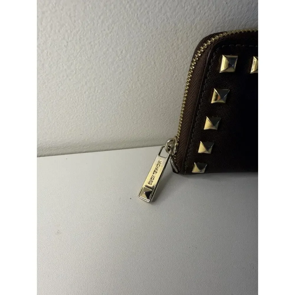 Michael Kors Saffiano Leather Studded Zip Around Wristlet Wallet Brown Gold